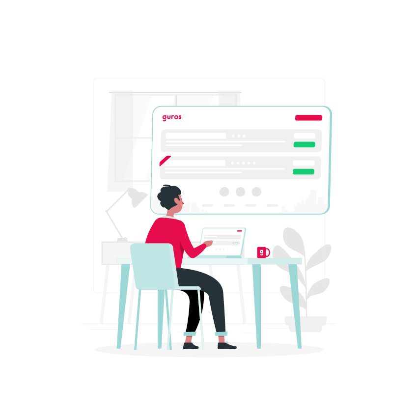 Guros brand illustration of a customer at a desk