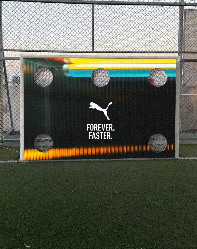 Branded shooting target on the goal frame