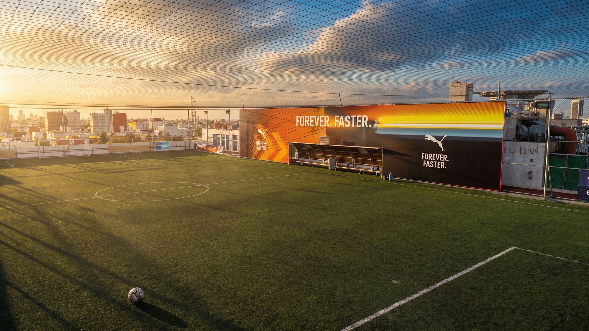 Forever Faster branded wall on the rooftop pitch in Mexico City at sunset